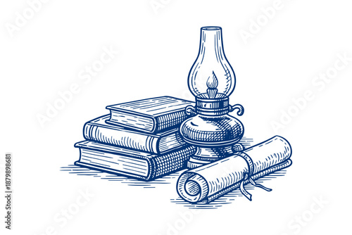 Vintage oil lamp with stacked books and scroll in hand-drawn style
