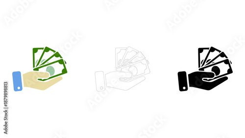 Hand holding banknote money icons colourful, line, and solid payment icon set