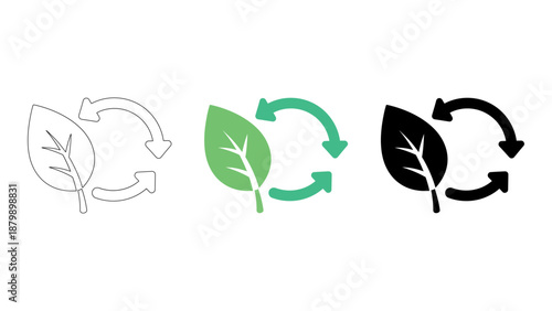 Leaf recycling eco-friendly waste management icon set line, solid, and colorful styles for sustainable design