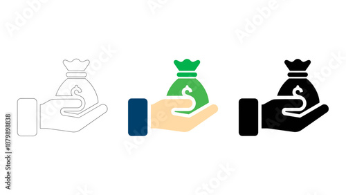Hand holding money bag icons line, colourful, and solid styles for financial support  savings
