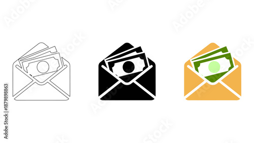 Money in envelope icons cash payment, line, solid, and colourful styles. financial earnings vector set