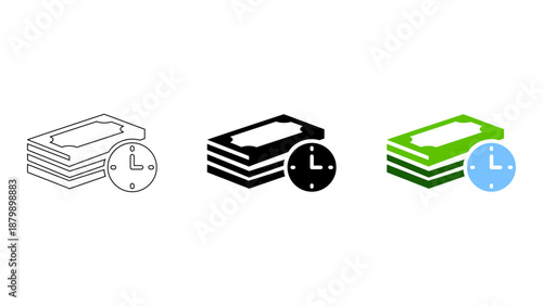 Money time scheduled payment icon set solid, line, colorful financial deadline icons for managing payment schedule and c