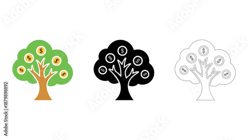 Money tree icon set colorful, solid  line styles for financial growth, investment, and wealth prosperity