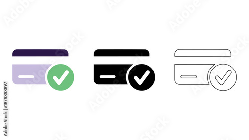 Payment confirmed transaction card success icon set solid, line, and colourful styles for digital finance
