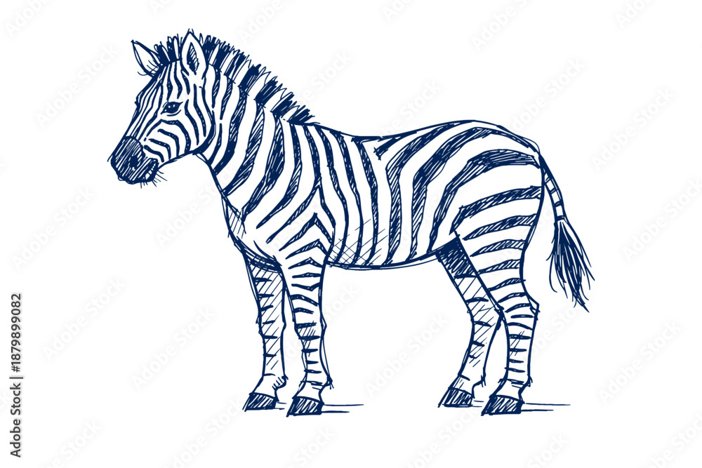Obraz premium Hand-drawn zebra illustration with bold stripes in blue ink