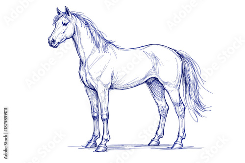 Detailed blue ink sketch of a standing horse
