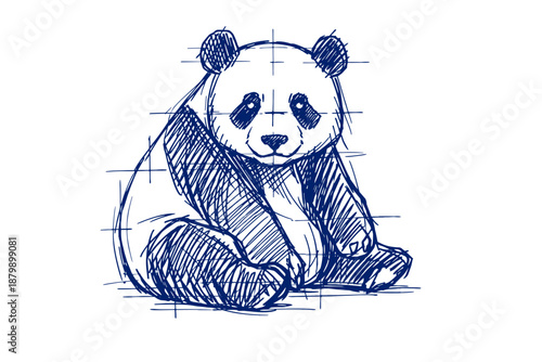 Sketch of a sitting panda in blue pen with cross-hatching technique