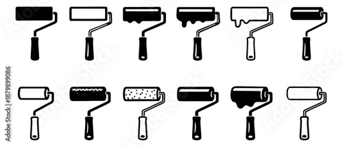 Line art paint roller icon set featuring various designs and paint application styles for home improvement projects