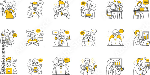 business communication people illustrations, digital messaging and online work set, office professionals with chat bubbles and analytics, modern flat yellow line design