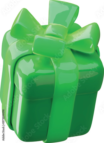 3D green gift box with light ribbon bow vector icon, festive surprise closed box, realistic volume present decoration