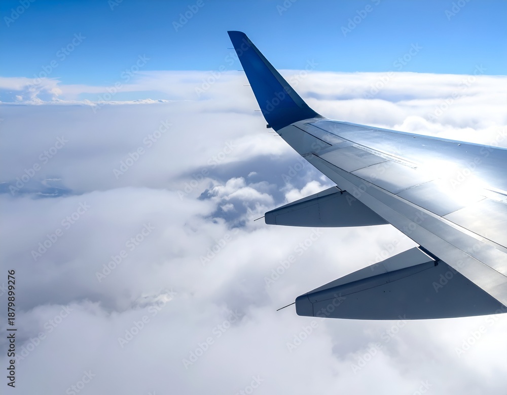 Obraz premium Aircraft wing against cloudy sky with blue accents