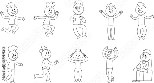 A collection of ten happy cartoon characters showing various emotions and actions on a white background
