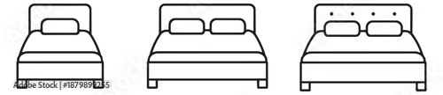 Minimalist line art bed icon set featuring single and double beds with pillows and varying headboards for bedroom, hotel, or accommodation concepts