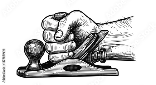 Close-up of a hand using a vintage hand plane to smooth wood, illustrating craftsmanship and woodworking.