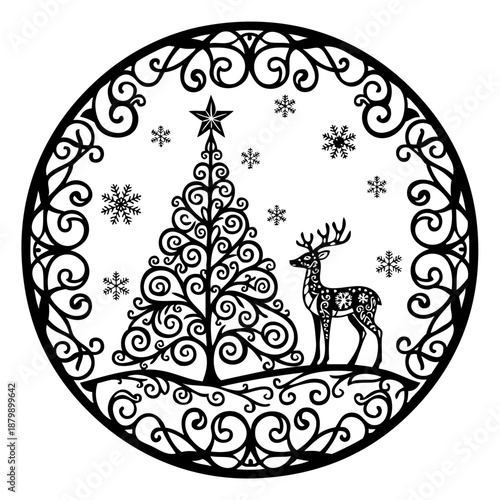 Intricate holiday scene with deer and tree