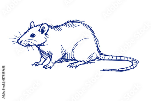 Intricate blue line drawing of a rat with whiskers and long tail