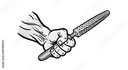 Strong hand gripping a traditional woodworking rasp or file, a classic manual tool for shaping and smoothing materials, detailed black and white illustration.