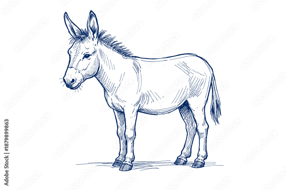 Fototapeta premium Detailed blue ink sketch of a standing donkey on white background