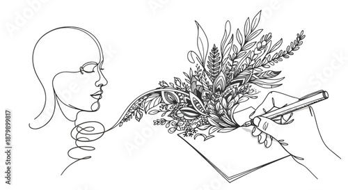 Continuous line art of a human profile connected to a hand drawing an intricate botanical illustration, symbolizing creativity, nature inspiration, and artistic expression.