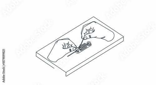 Minimalist isometric illustration of a topographical model featuring abstract terrain, water flow, and a modern design element in black and white line art.