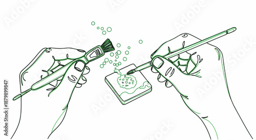 Hands holding paintbrushes, one stirring paint in a palette while the other shakes off droplets, illustrating artistic creation and craft.