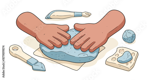 Hands kneading clay with sculpting tools, a creative hobby illustration depicting artistic craft and pottery making process