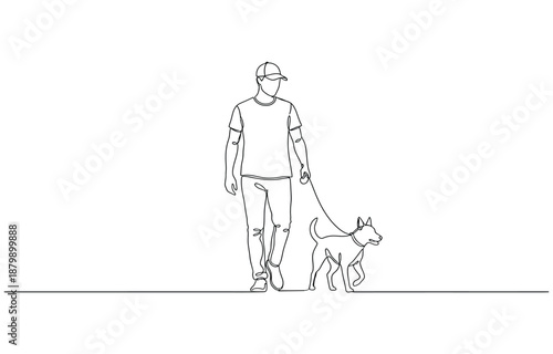 Continuous one line drawing of a man is walking a dog on a sidewalk