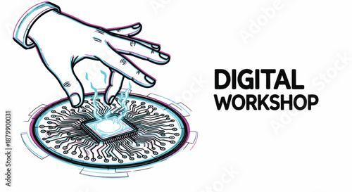 Dynamic illustration for a Digital Workshop, featuring a human hand interacting with a glowing microchip on a circuit board, symbolizing technology, AI, innovation, and future computing education.