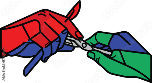 Robotic hands with red and blue gloves using pliers to cut a wire, symbolizing automation and technology