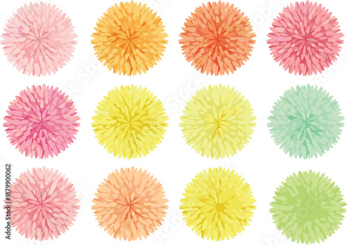 Colorful pastel pompom flowers collection with round blossoms, spring floral vector illustration set, decorative multicolor flower elements for modern design projects branding backgrounds