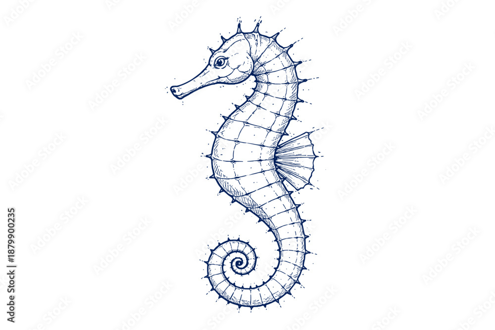 Fototapeta premium Intricate blue seahorse illustration with detailed line art on white background