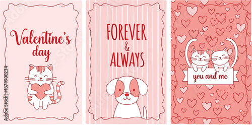 Cute Valentine’s Day greeting card set with adorable cat and dog illustrations, romantic love messages, heart patterns, pastel pink design, holiday cards, vector illustration