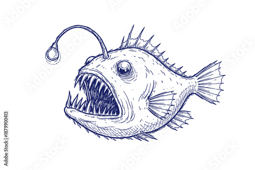 Illustration of anglerfish with bioluminescent lure and sharp teeth
