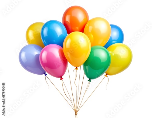 A vibrant bunch of eleven shiny, colorful balloons in various shades, tied together at the base with strings, against white
