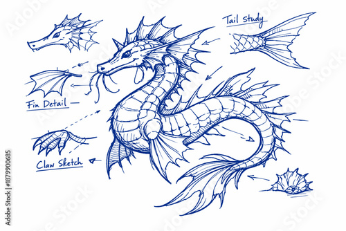 Mythical sea dragon sketch with fin and tail details