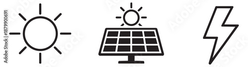 Modern energy icon set featuring a sun, a solar panel, and a lightning bolt for sustainable electricity production