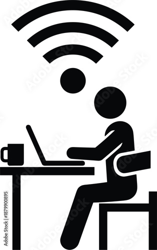 Person working on laptop with WiFi signal icon representing remote work online connectivity internet access vector illustration