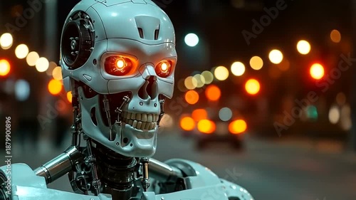 Close-up of a menacing cyborg robot with glowing red eyes in a city at night.
