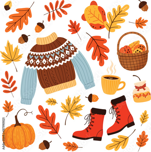 Autumnal elements including sweater boots pumpkin and leaves