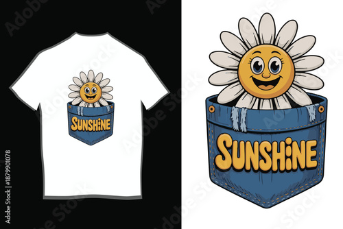 Cartoon Daisy Flower in Denim Pocket T-Shirt Design