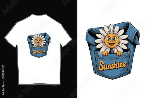 Cartoon Daisy Flower in Denim Pocket T-Shirt Design
