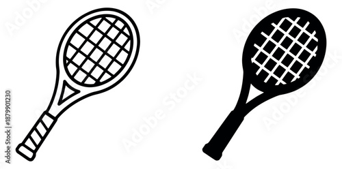 Icon tennis racket set featuring outline and filled versions for sports and recreation