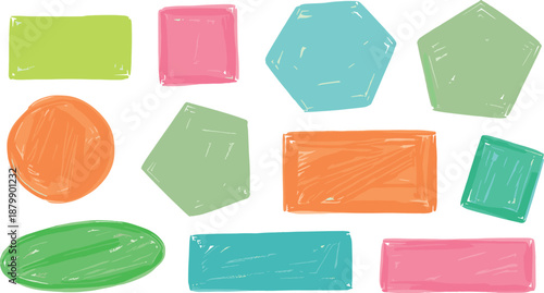 Hand drawn colorful geometric shapes collection vector illustration, abstract doodle rectangles circles polygons set, playful design backgrounds, education, creative graphics, and modern art projects