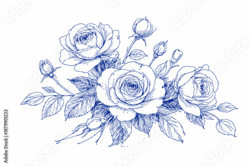 Intricate blue sketch of blooming roses with buds and leaves