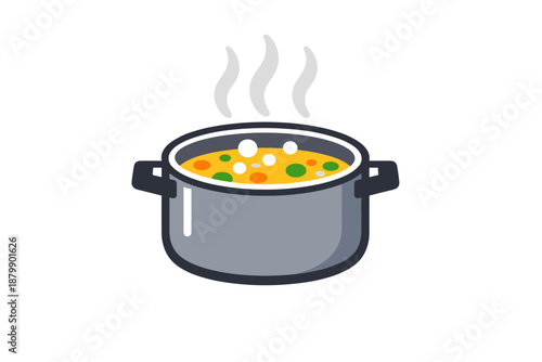 Cartoon boiling soup pot with colorful vegetables and steam