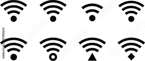 WiFi signal icons set representing wireless internet connectivity strength network access hotspot symbols minimal black vector illustration