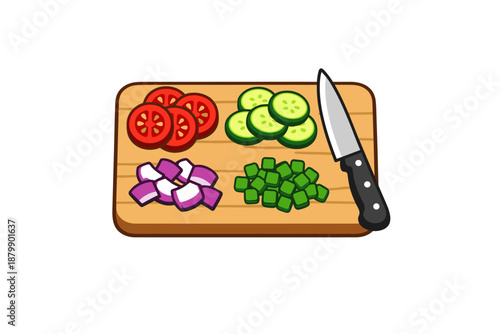 Colorful vegetables and knife on cutting board isolated on white background
