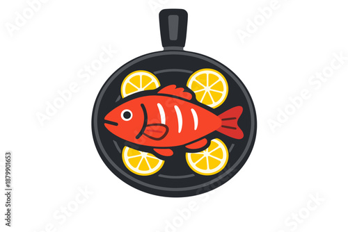 Frying pan with whole red fish and lemon slices on white background