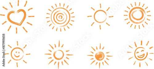 A collection of six hand drawn smiling sun illustrations with various designs and a heart shaped sun