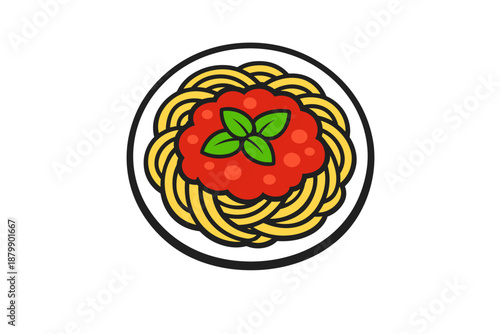 Colorful plate of spaghetti with tomato sauce and basil